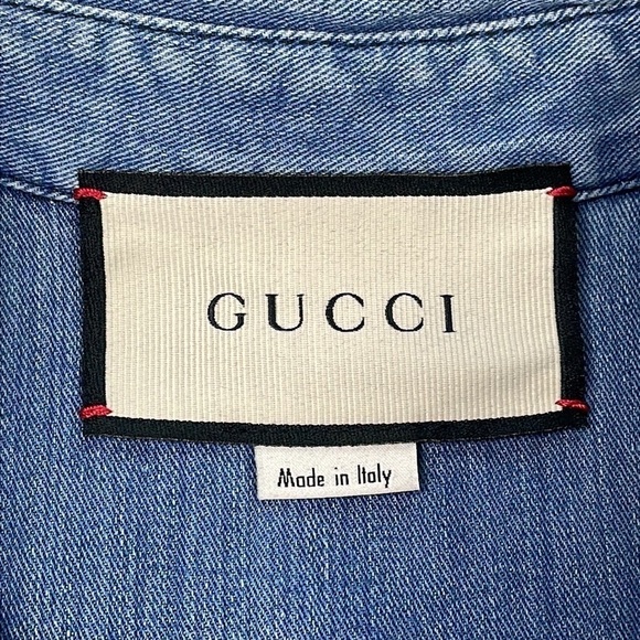 NWT Gucci Bleached Denim Snap Front Dress with 3D Cat Brooch Long Sleeve Sz 36 - Picture 11 of 17